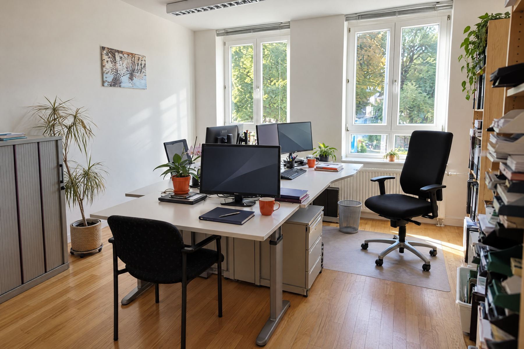 Ruhiges Büro mit Mehrmonitor-Arbeitsplatz